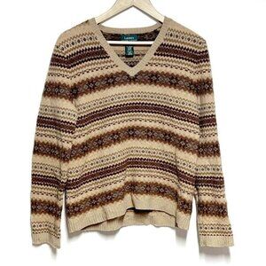 Lauren by Ralph Lauren Lambswool Nordic Fair Isle V Neck Sweater Sz Womens L
